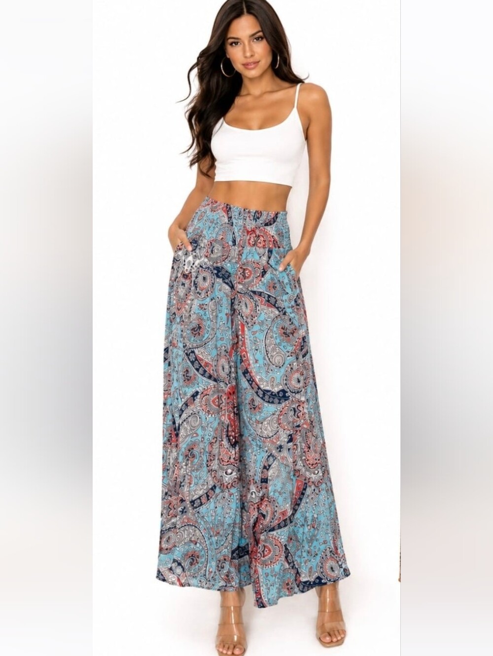 Teal Boho Print Wide Leg Pants with Smocked Waist